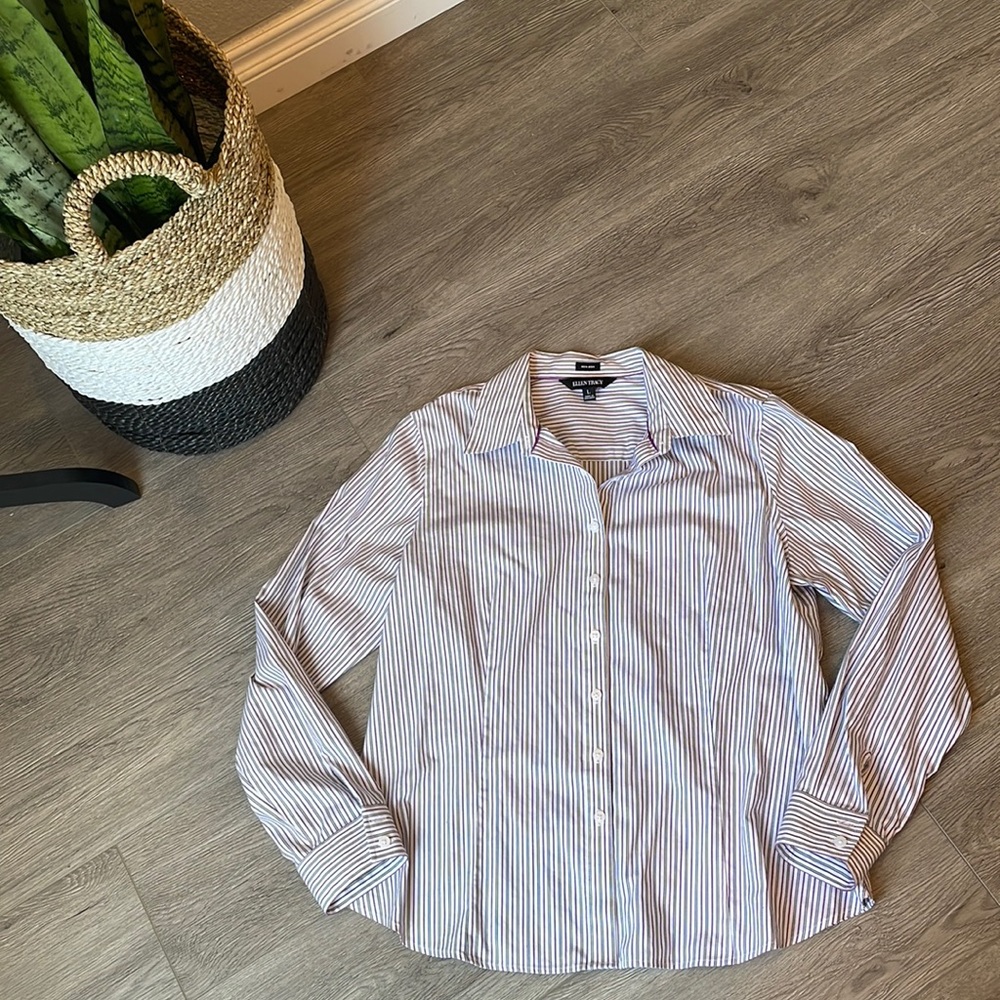 Ellen Tracy cotton no iron button down stripe top Sz L G12